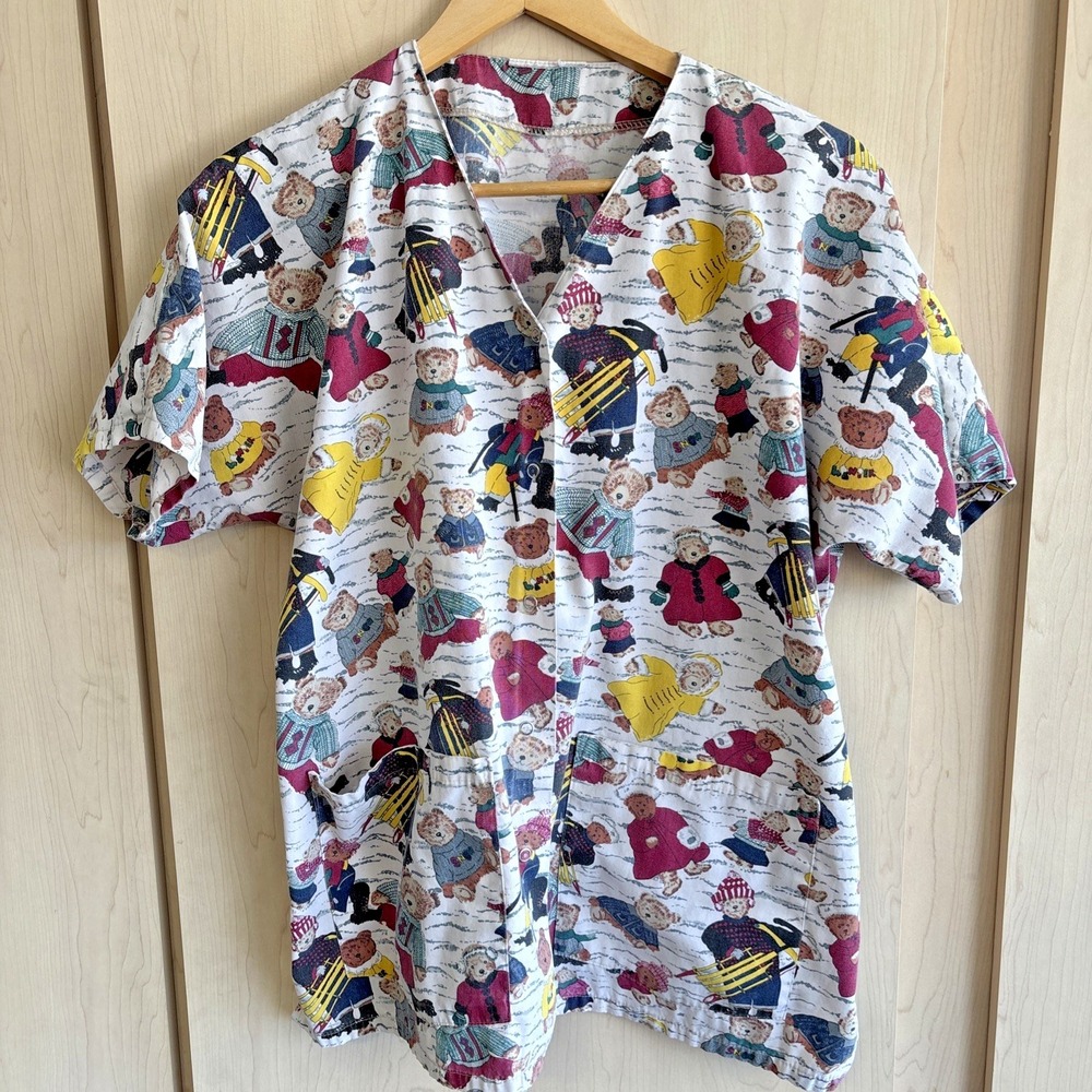 Landau Teddy Bear Print Short Sleeve V-Neck‎ Pullover Scrub Top Size LG - XL
